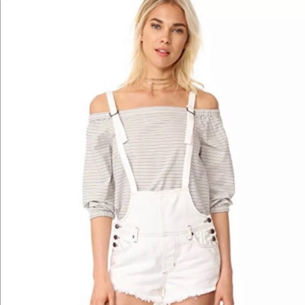 Free People Strappy Distressed Denim Overall Short